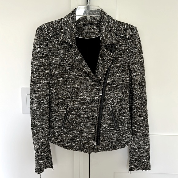 Ikks Tweed Motorcycle Jacket Grey White Black Front Diagonal Zipper size 38 - Picture 1 of 6